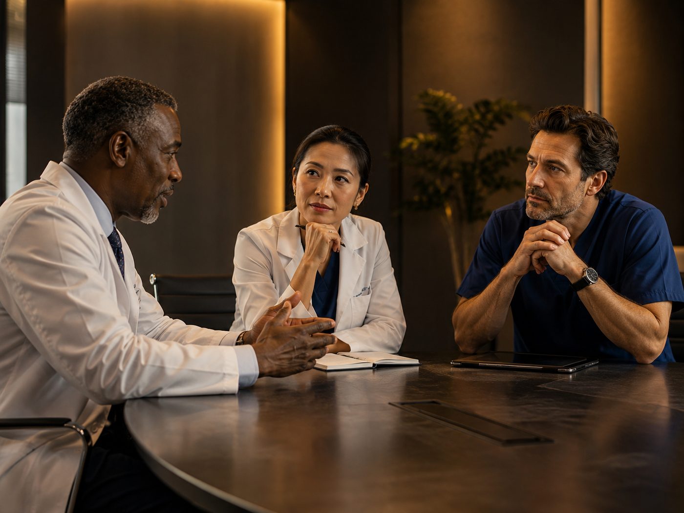 Healthcare leaders in a thoughtful discussion around a conference table