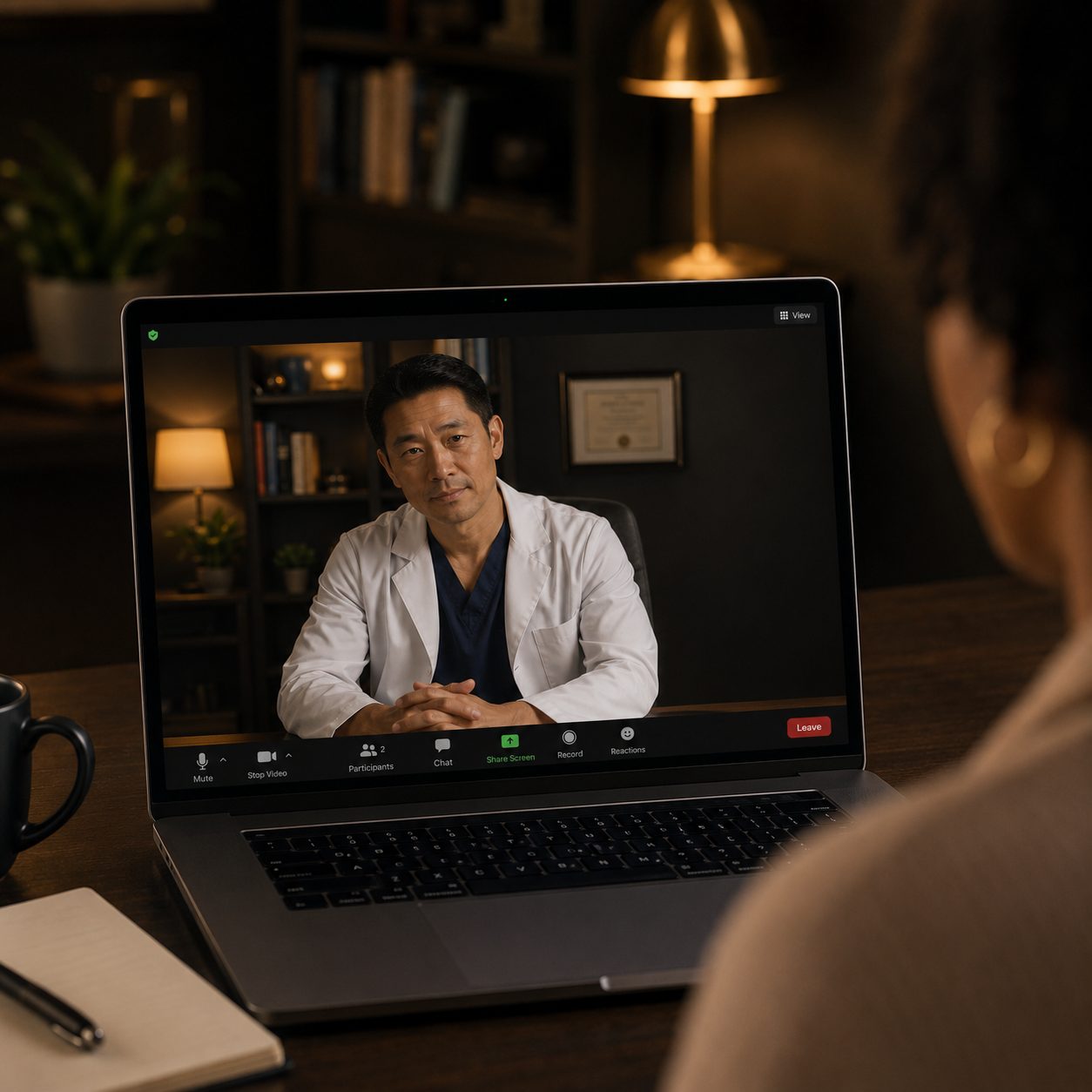 A physician studying leadership resources at a desk