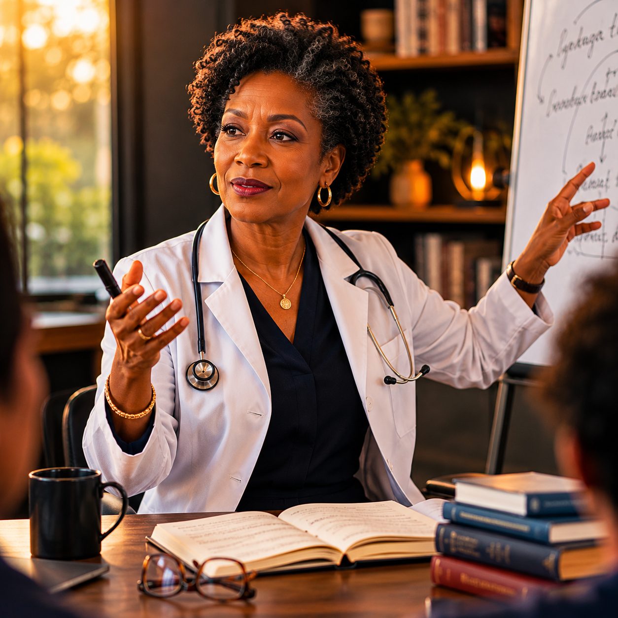 A physician leading a leadership development session with healthcare colleagues